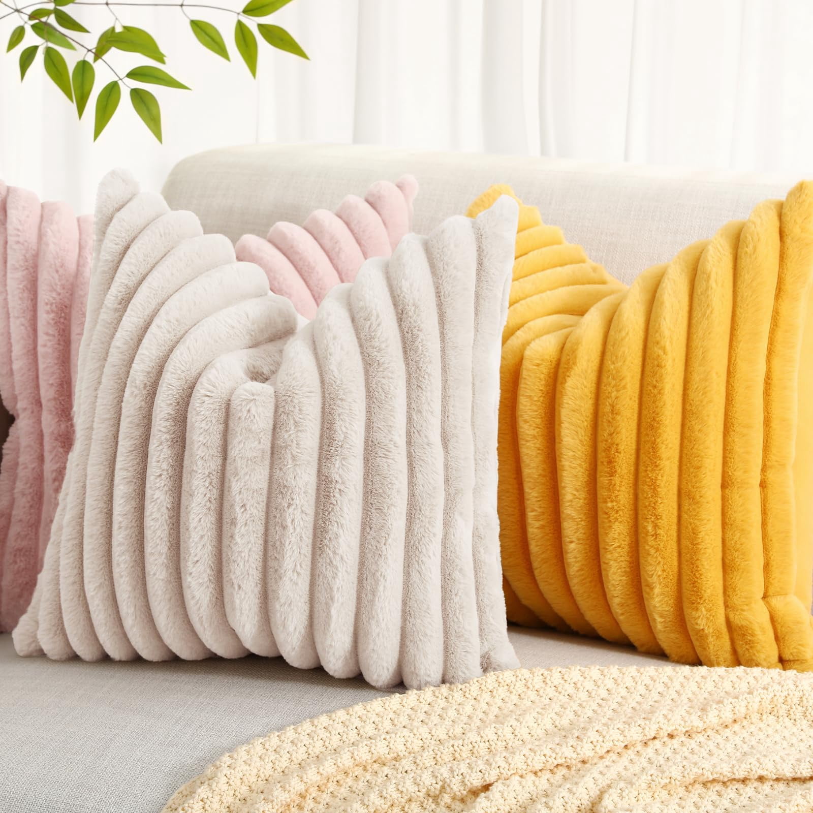 decorUhome Pack of 2 Faux Fur Plush Throw Pillow Covers 26x26, Soft Fluffy Striped Decorative Couch Pillow Covers , Beige