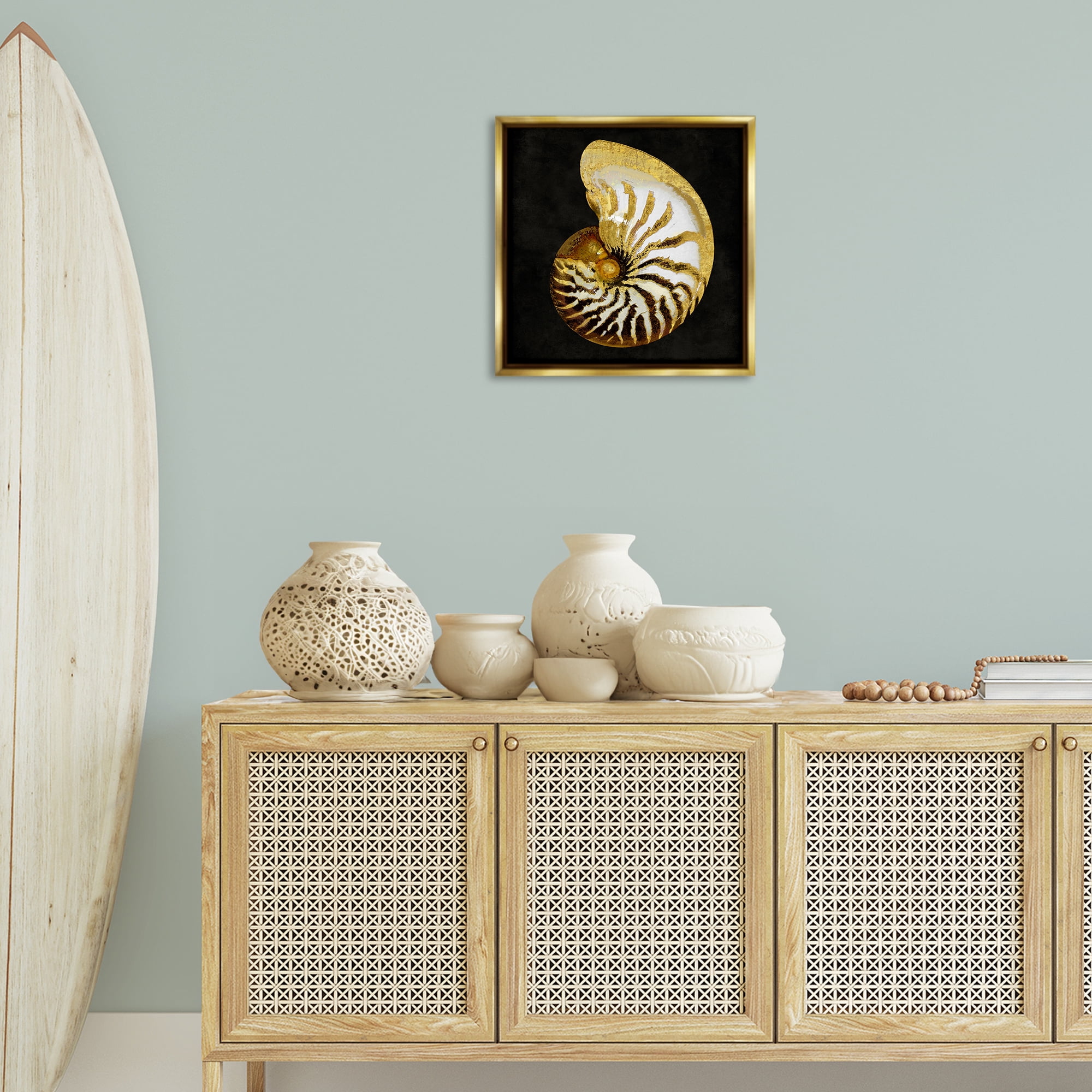 Stupell Industries Spiral Patterned Shell Nautical & Beach Painting Gold Floater Framed Canvas Art Print Wall Art, 18 x 18