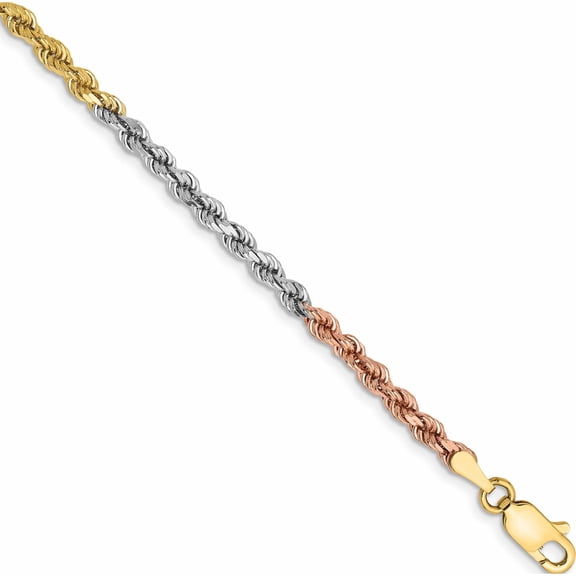 14K Tri-Color 2.9mm D/C Rope Chain (7 X 2.9) Made In Peru 021tc-7