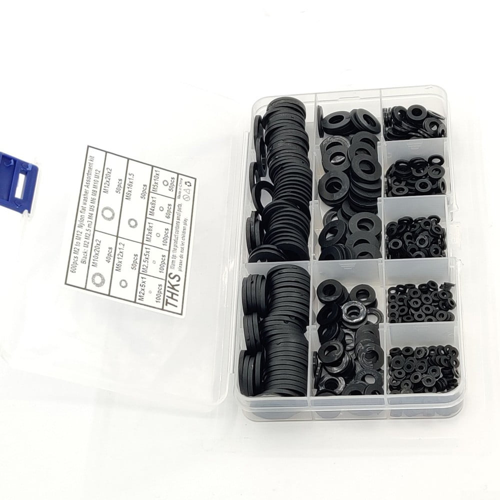 600pc Black Nylon Flat Washers Assortment Kit Fasteners With Storage Box Plastic 