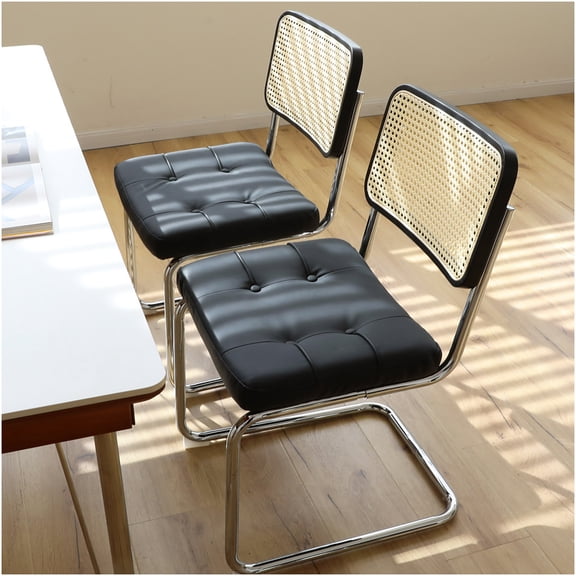 Set of 2 Modern Black Faux Leather Dining Chairs with Rattan Back and Chrome Legs