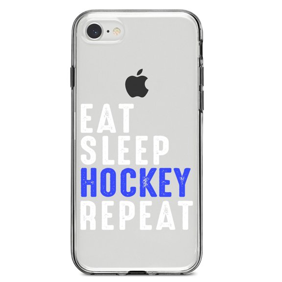 DistinctInk Clear Shockproof Hybrid Case for iPhone 7 8 SE (2020 Model) 4.7" Screen TPU Bumper Acrylic Back Tempered Glass Screen Protector - Eat Sleep Hockey Repeat