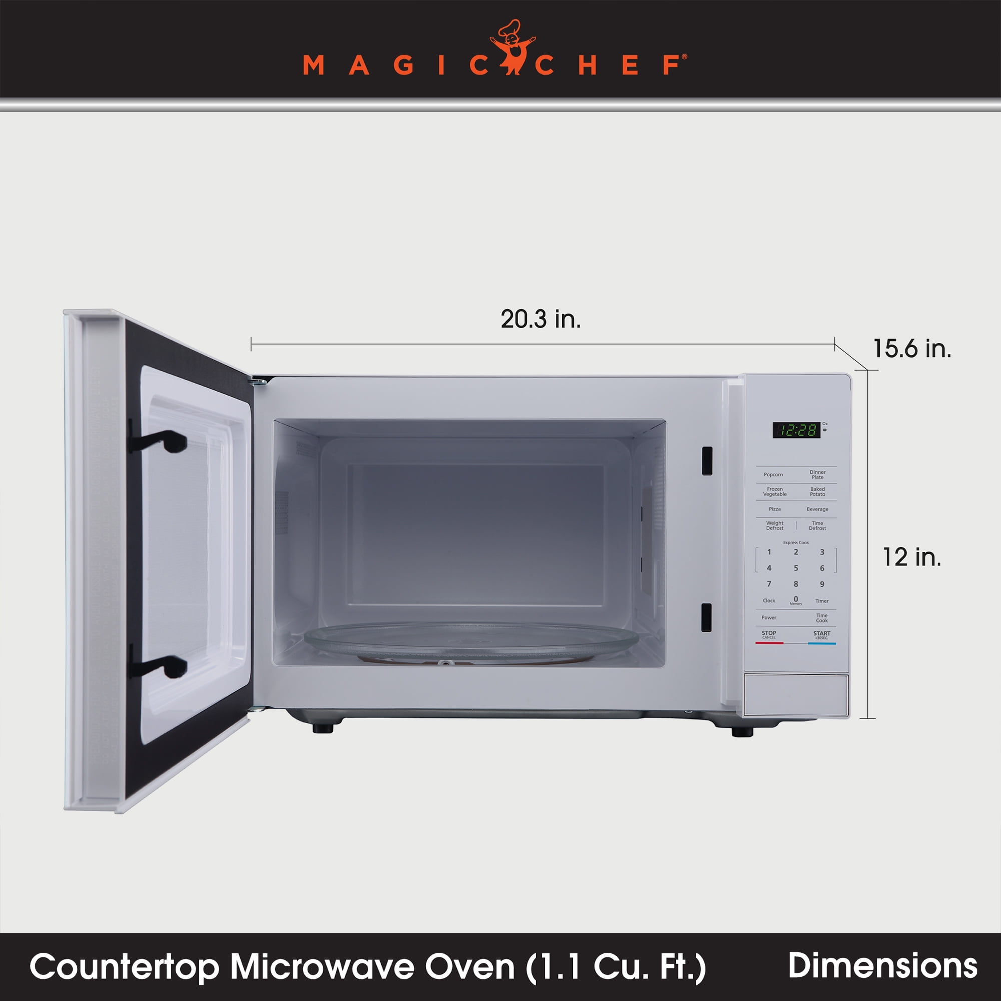 Open Box Magic Chef 1000 W 1.1 Cu Ft Digital Touch Countertop Microwave, White