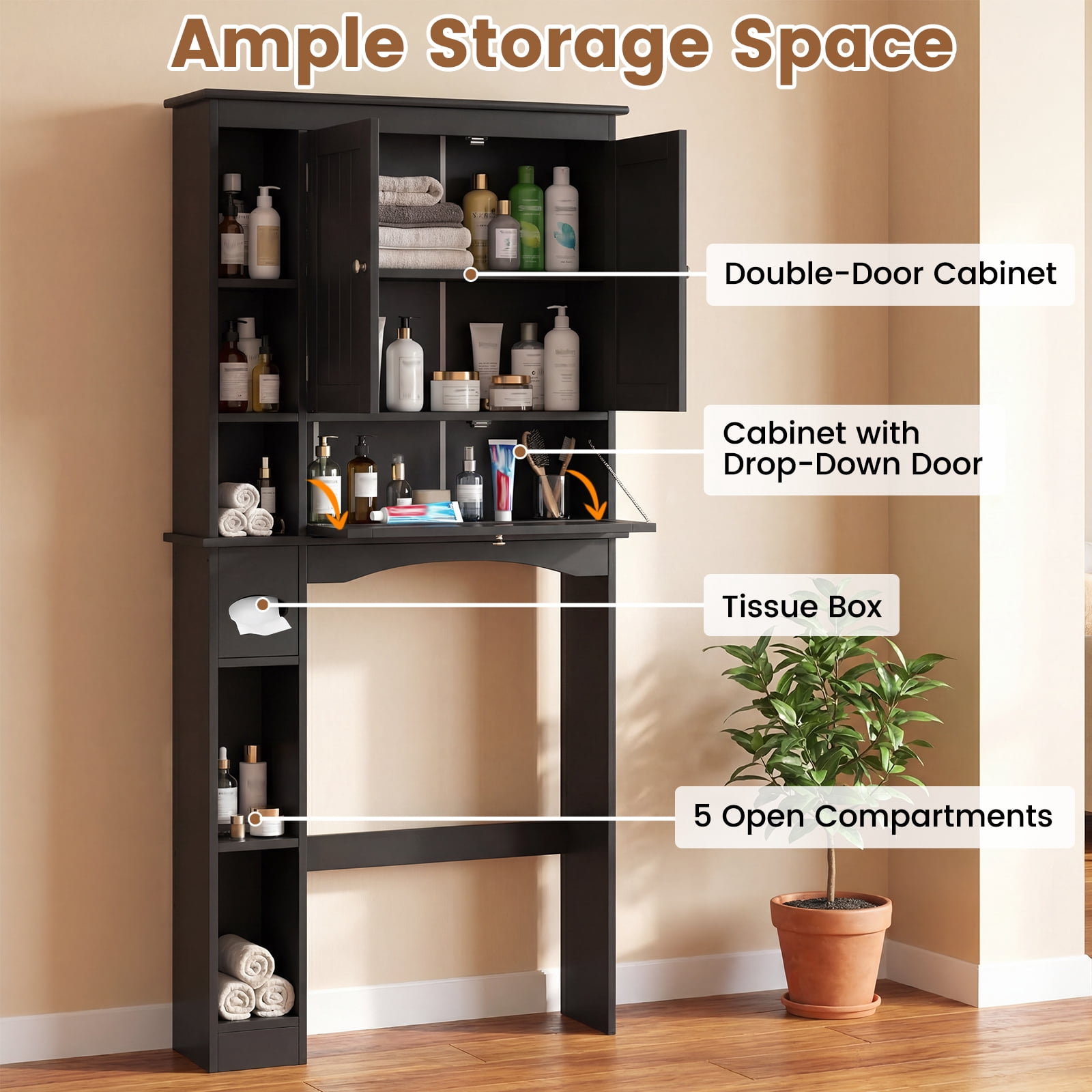 Costway Over the Toilet Storage Cabinet with 2 Doors, Adjustable Shelf & Bottom Bar, Black