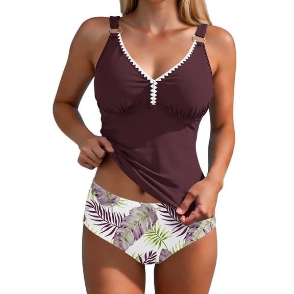 Plcasen Tankini Swimsuits for Women 2 Piece Tummy Control Bathing Suit V Neck Tankini Top with Bottom