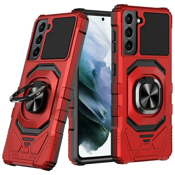 For Samsung Galaxy S22 Ultra Robotic Hybrid with Magnetic Ring Stand Case Cover - Red