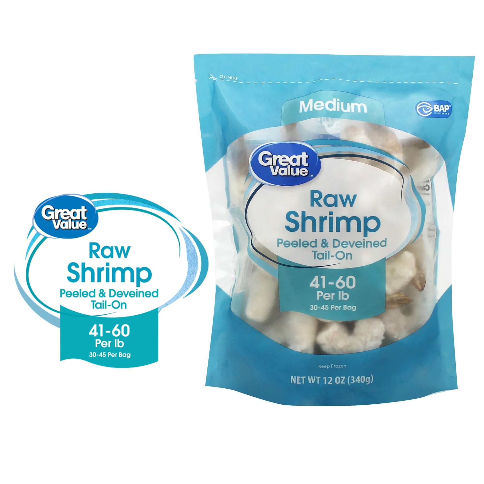 Great Value Frozen Raw Medium Peeled Deveined Tail-on Shrimp, 12 oz (41-60 Count per lb)