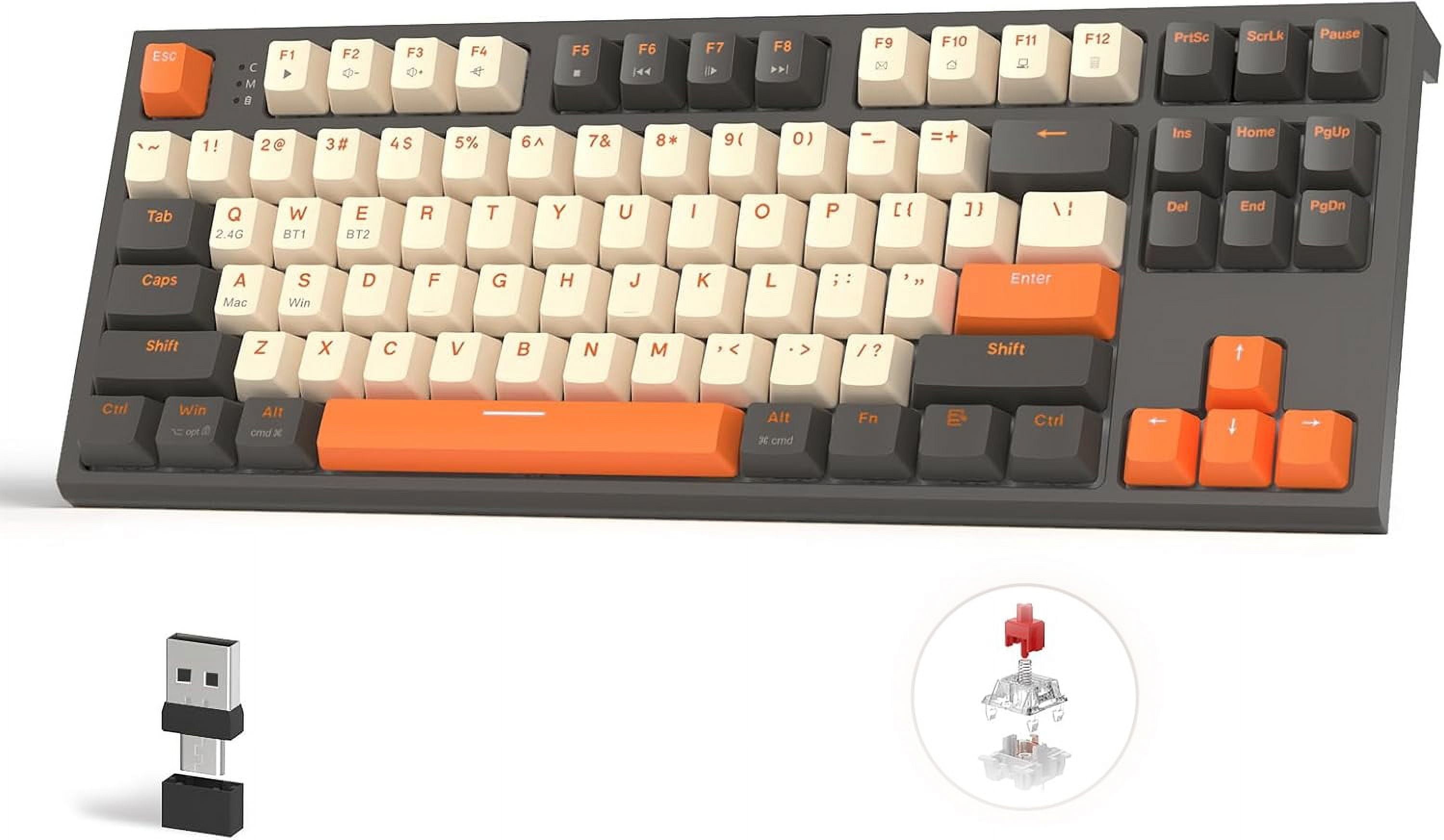 ZIYOULANG M88 Wireless Gaming Keyboard, Hot Swappable TKL Mechanical Keyboard, Bluetooth/2.4Ghz Dual Mode Connect, Type C/USB A 2-in-1 Receiver, 87 PBT Keycaps Red Switch for PC/MAC - Grey & Orange