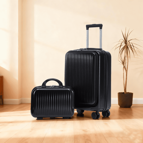 14"/20" in ABS Spinner Wheel Luggage, 2Pcs/Set with Combination Lock and Front Opening Design, 14" Cosmetic Case (Black)