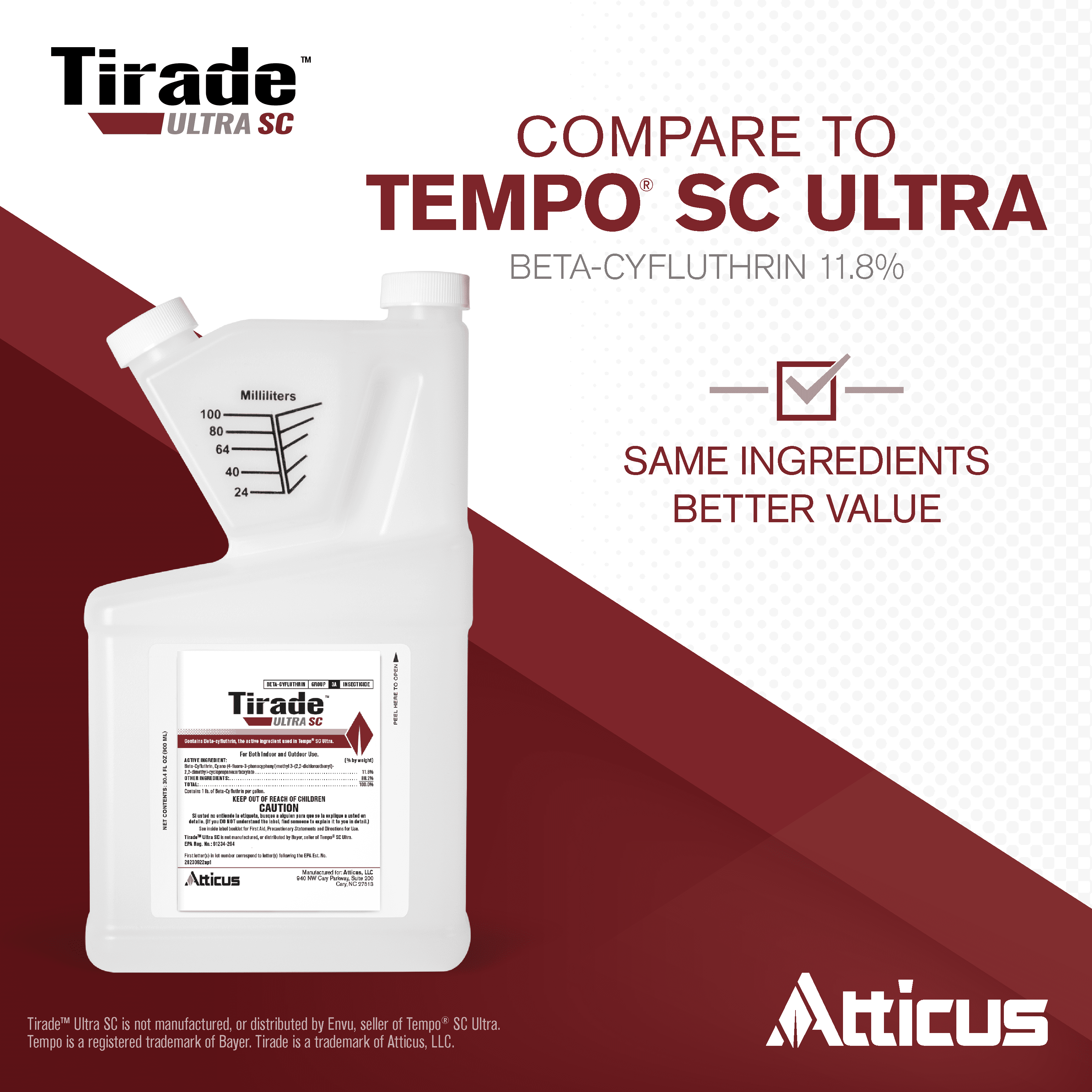 Tirade Ultra SC Insecticide (900 ml) by Atticus - (Compare to Tempo Ultra SC) - Beta-Cyfluthrin Pest Control for Indoor and Outdoor Use