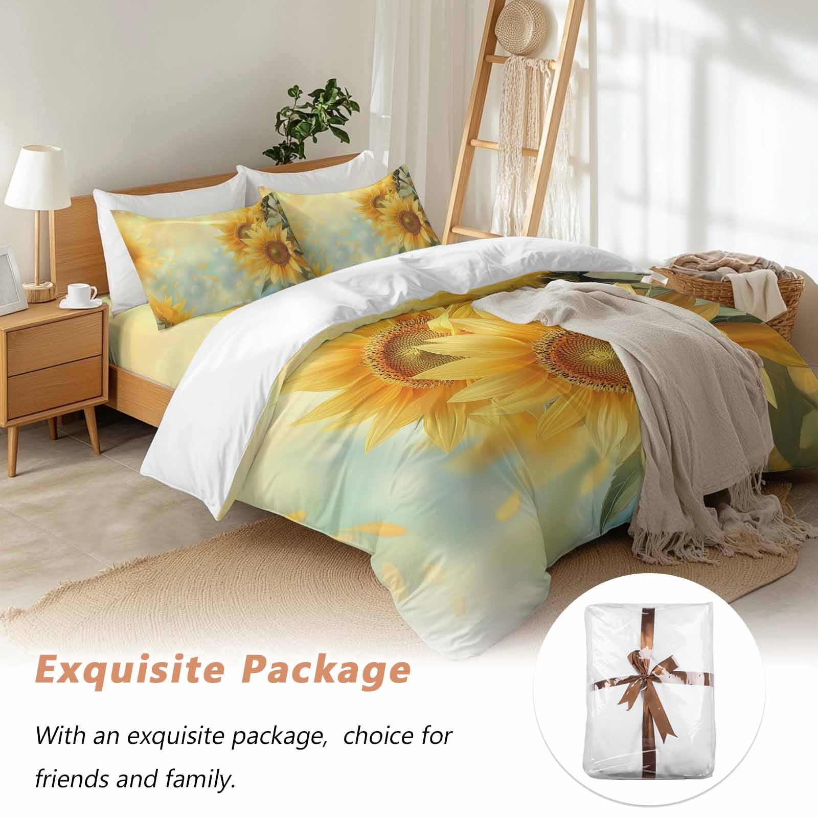 Sunflower Duvet Cover Set, Yellow Spring Floral Botanical Soft Duvet Cover Full Size Bedding Set 4 Pieces, 1 Quiltcover and 2 Pillowcases with Zipper, 1 Bed Sheet for All Seasons
