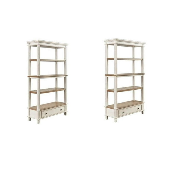 Pemberly Row Set of 2 4-Shelf Bookcase in Antique White and Brown