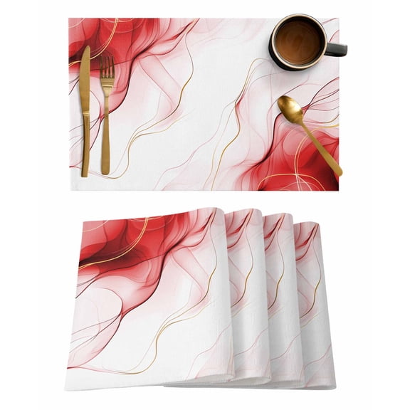 Placemats Set of 4, Marble Red Woven Placemat, Linen Place Mats for Kitchen/Dining Tables, Gold White Modern Gradient Ocean Wavy Ripple Washable Table Mats for Party