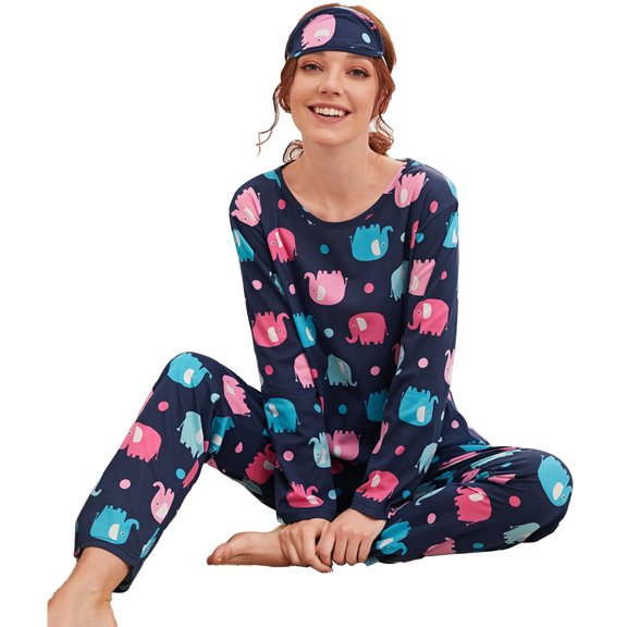 Long Sleeve Round Neck Pajama Loungewear with Elephant Print - XL Size Women's Housewear Set