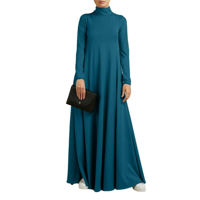 Bellella Robe Longue Femme Manches Maxi Robes Col Haut Ample Dames Bleu P