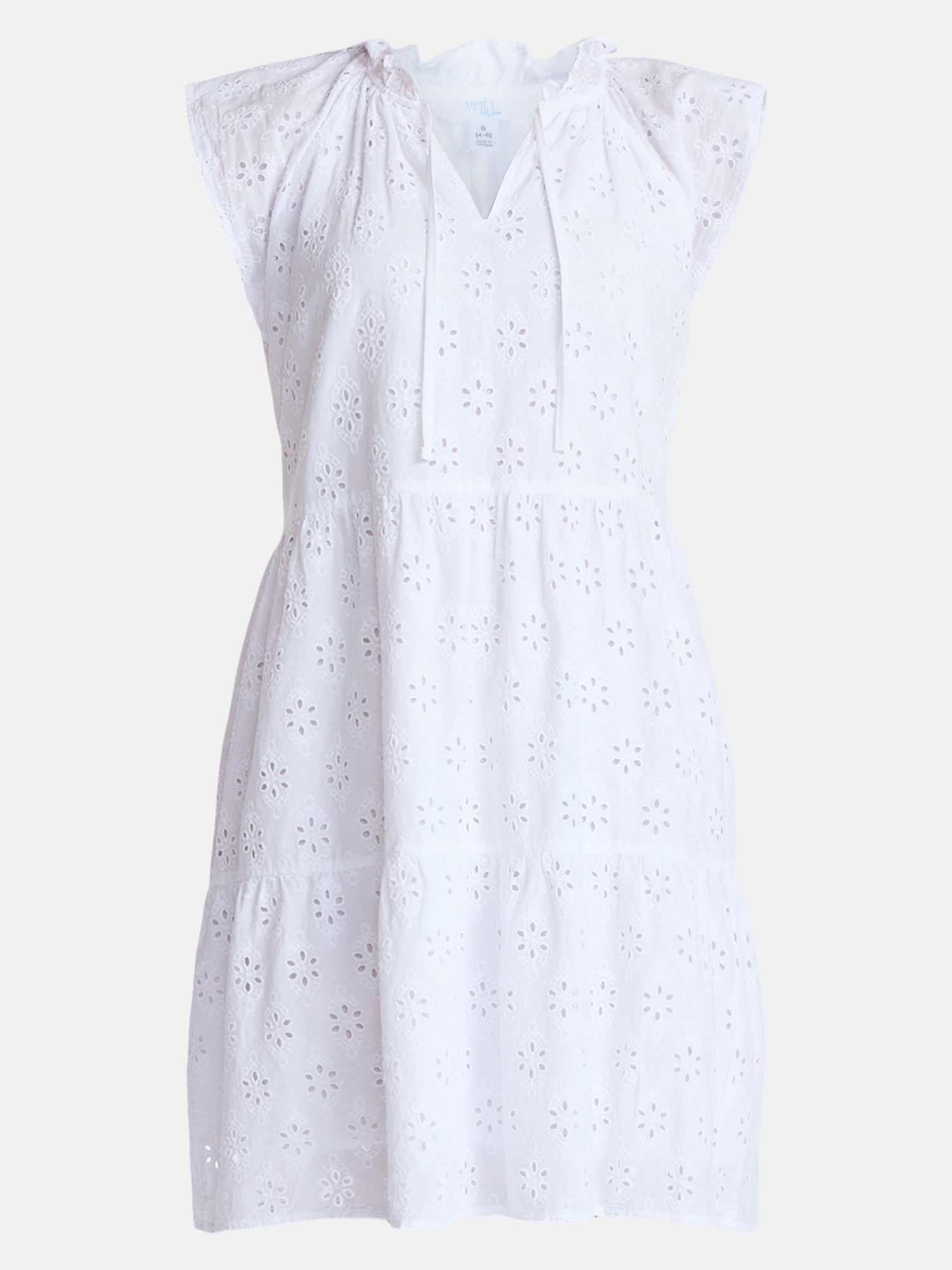 Time and Tru Women's Eyelet Embroidery Cotton Mini Dress with Flutter Sleeves, Sizes XS-XXXL