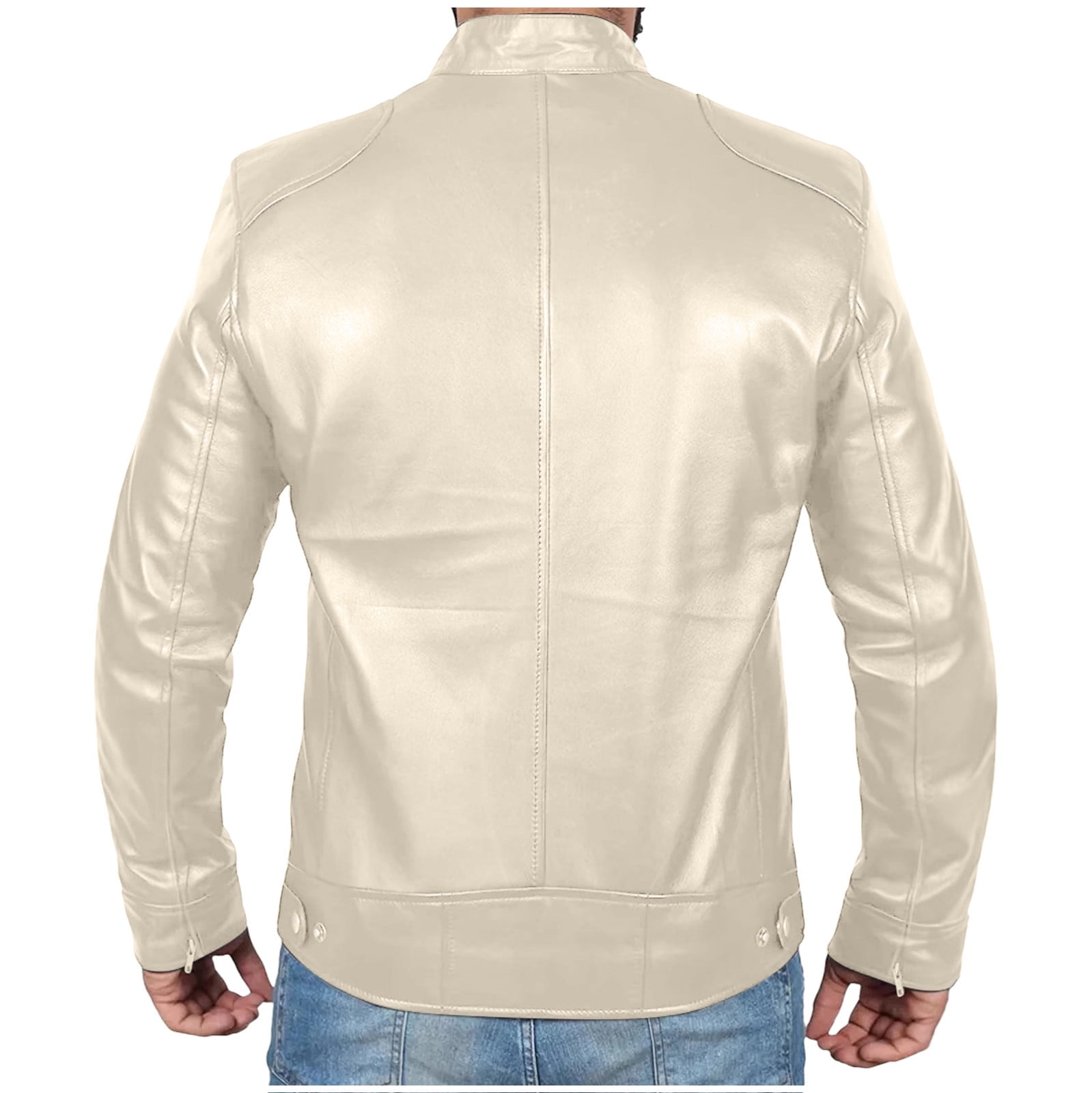 RYDCOT Men Leather Jacket Outerwear Retro Fashion PU Leather Long Sleeved Stand Collar Coat with Zipper Pockets Beige