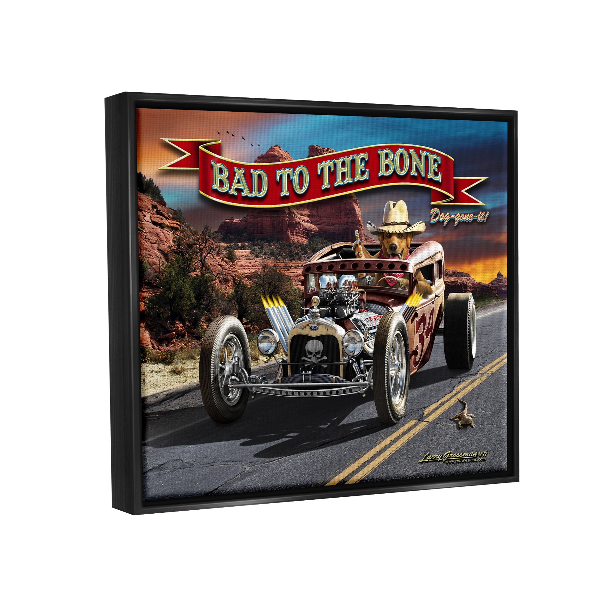 Stupell Industries Bad to the Bone Dog Transportation Painting Black Floater Framed Canvas Art Print Wall Art, 31 x 25