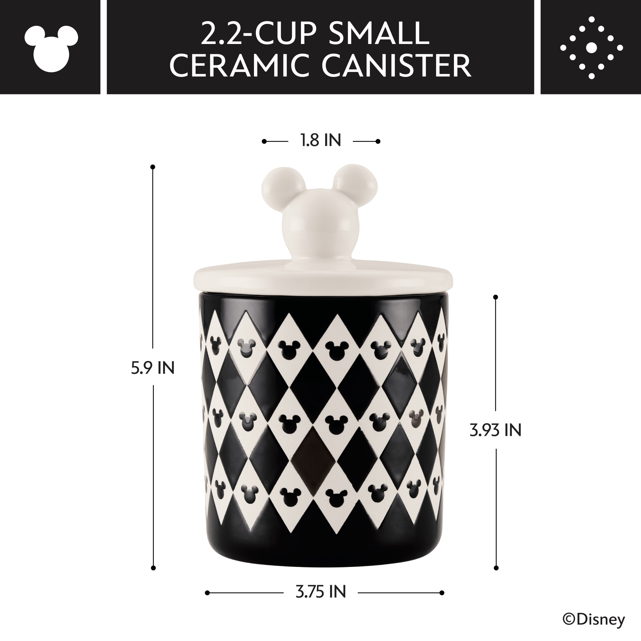 Disney Home Monochrome 2.2 Cup Small Ceramic Canister and lid with a geometric pattern featuring Mickey’s iconic silhouette, Black
