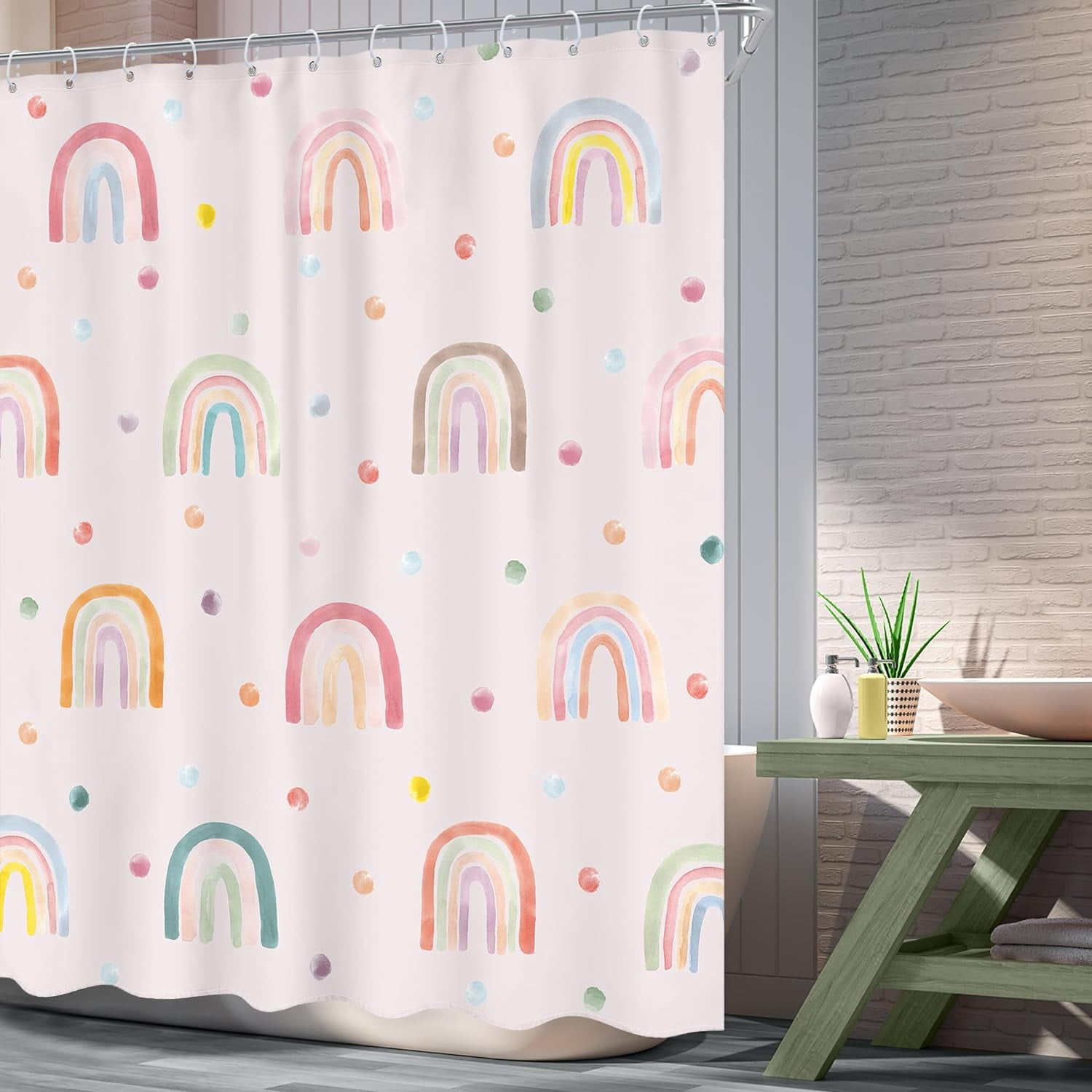 Girls Boho Rainbow Shower Curtain 72Wx72L Inch Kids Pink Polka Dots Cartoon Cute Watercolor Aesthetic Colorful Shower Curtain Bathroom Set Pretty Bath Curtain Bathtub Accessories Home Decor