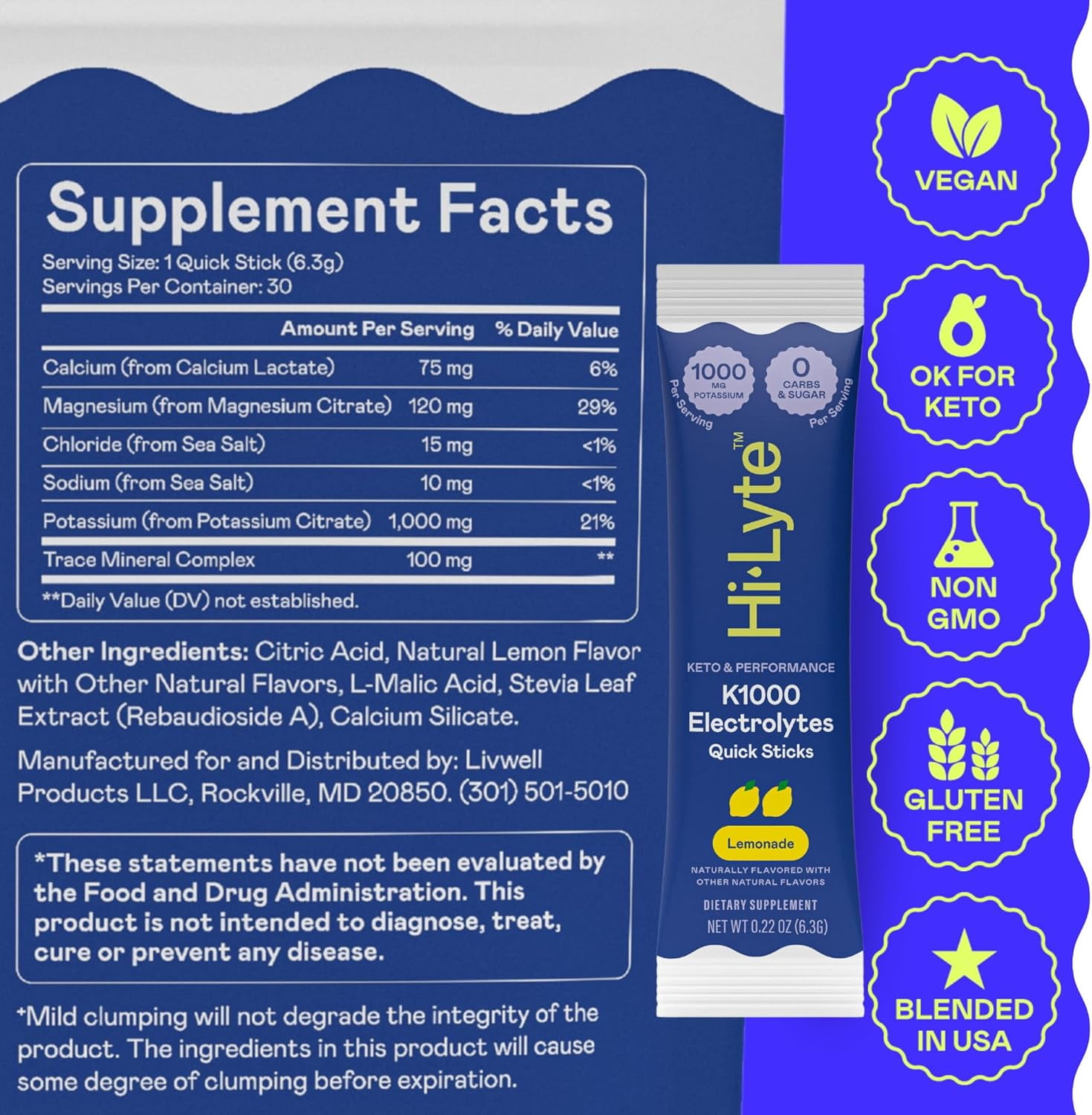Keto & Performance | K1000 Electrolytes Quick Sticks | Lemonade