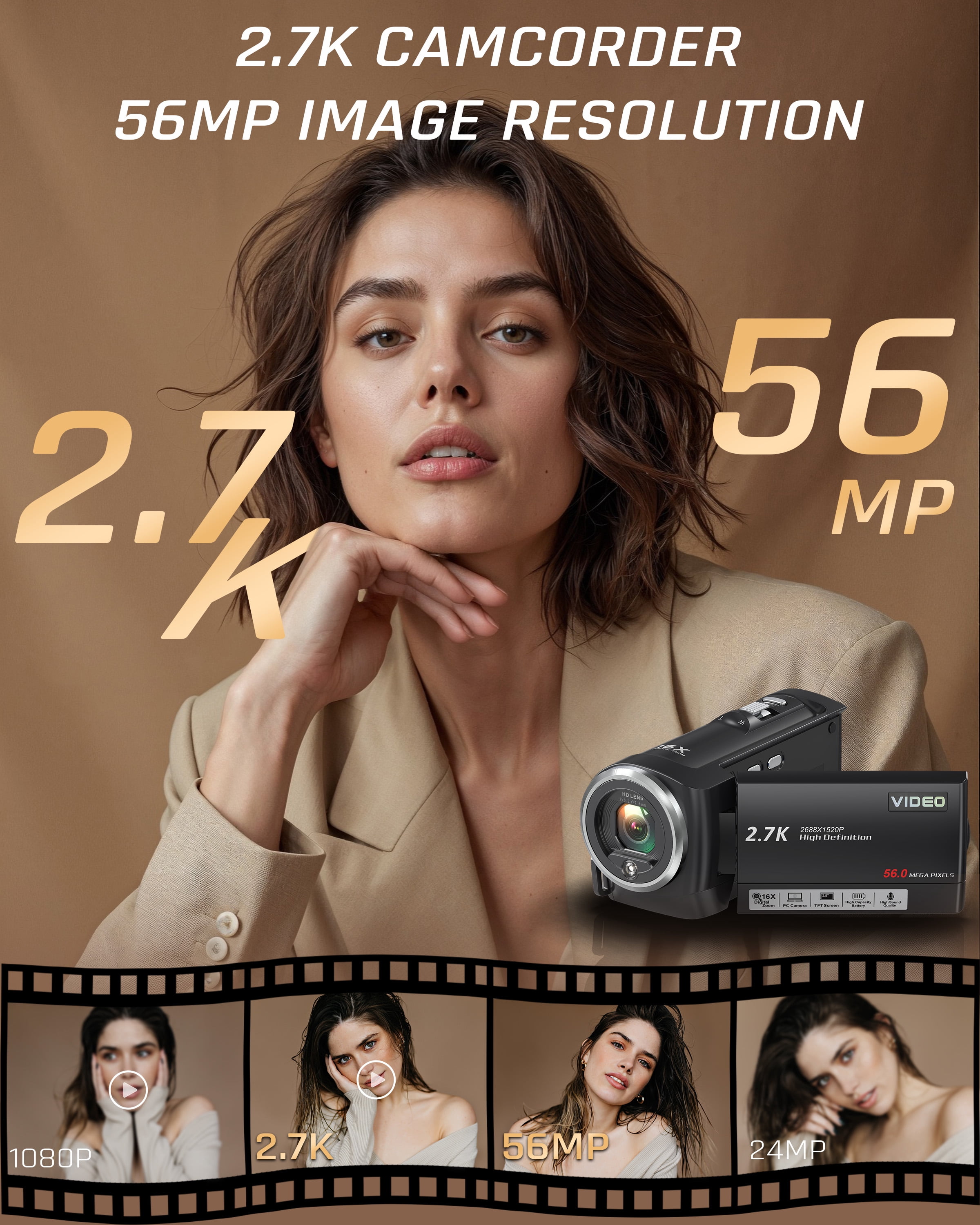 Video Camera 2.7K Camcorder 56MP 16X Zoom Vlogging Camera for YouTube