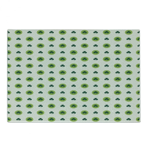 Floral Cutting Board, Clover Flowers Green Dots Cultural Irish St. Patrick's Day Pattern, Decorative Tempered Glass Cutting and Serving Board, Small Size, Lime Green Dark Green, by Ambesonne