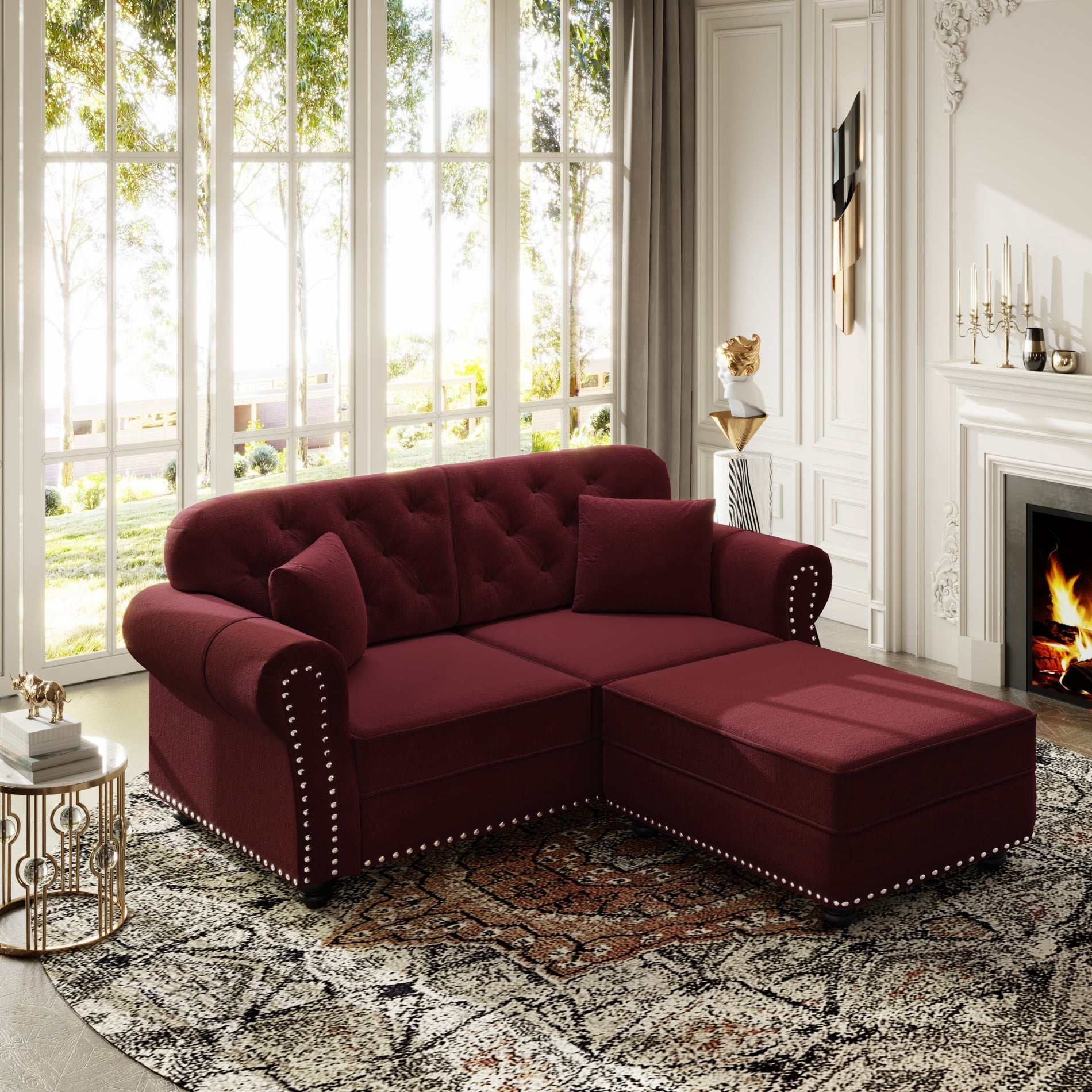 Alvantor 63" Loveseat sofa with Ottman, Upholstered Velvet Couch with Nailhead Trim and Rolled Armrests, Mid-Century Modern Sofa for Living Room Burgundy