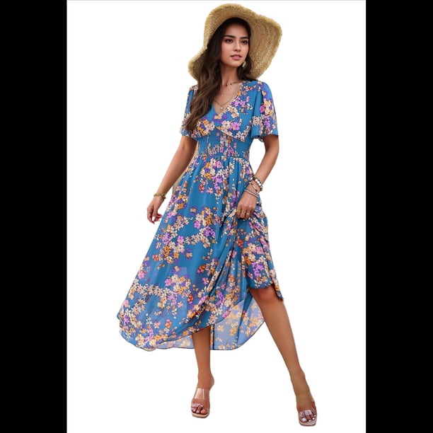 Vestido Cruzado de Verano para Mujer, con Cuello en V, Floral, Corta, para Invitadas de Boda, Informal, para Fiesta Azul M