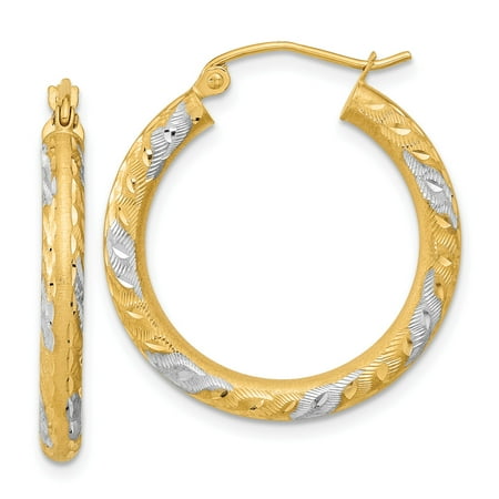 14k Two-Tone Yellow and Rhodium Gold Hoop Earrings for Women Textured Leaf Pattern Lightweight Polished Fashion Jewelry for Everyday or Special Occasion Wear