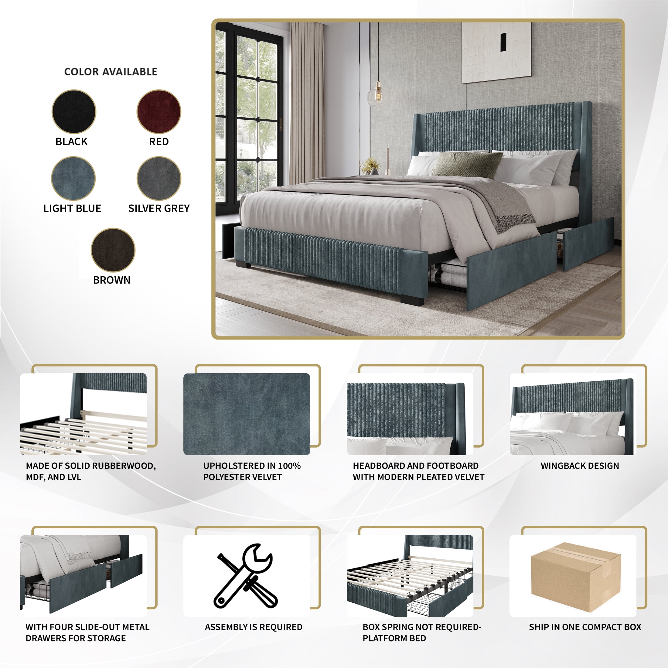 Castle Place Corduroy Velvet King Platform Bed With Storage, Grey