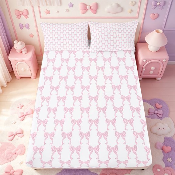 Manfei Minimalist Bow Fitted Sheet Full,Dreamy Princess Bowknot Bed Set,3-Piece,1 Fitted Sheet and 2 Pillowcases