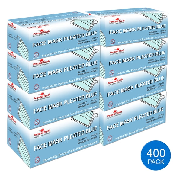 Personal Touch Blue Disposable Earloop Face Mask Pleated Pack of (400 Pcs)