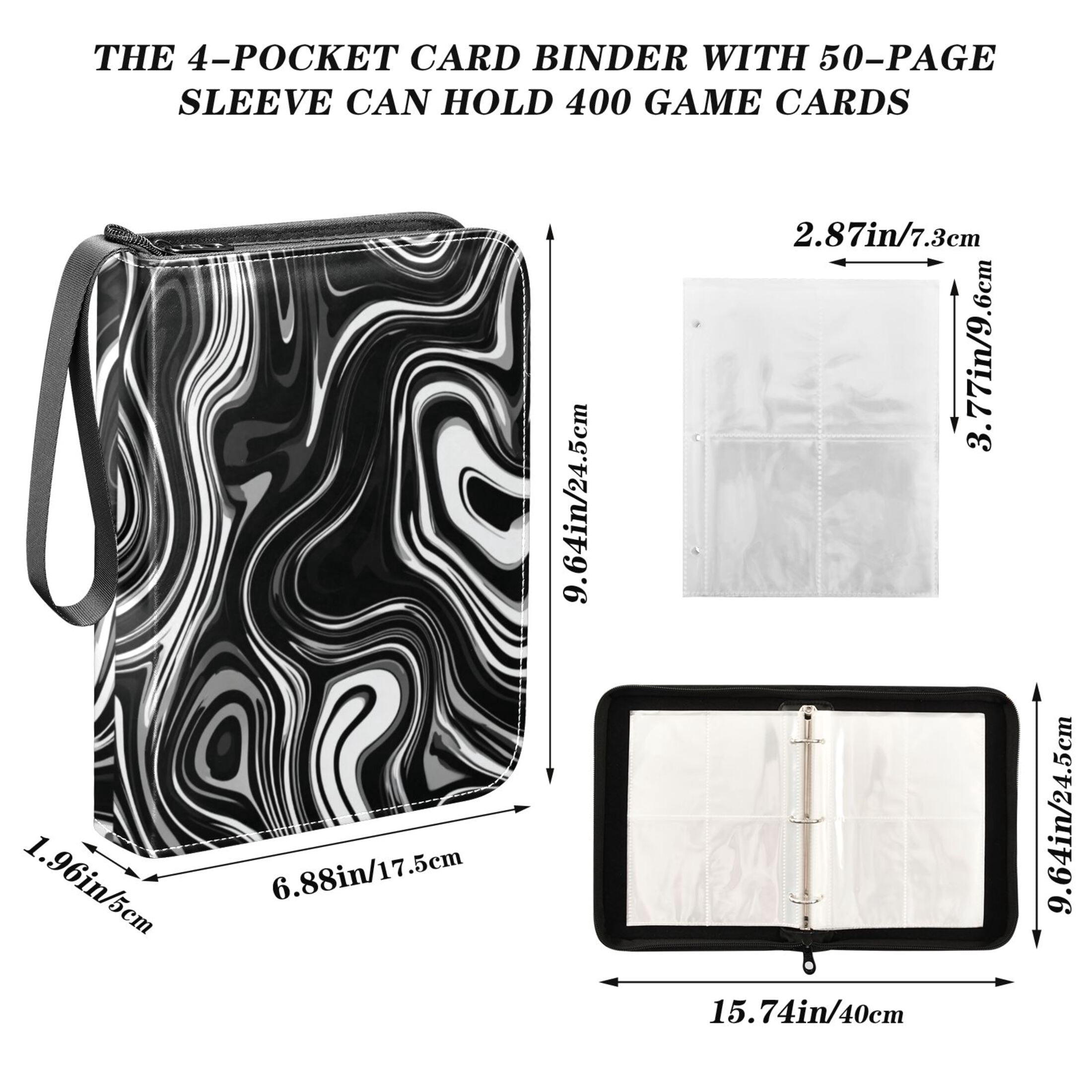 4 Pocket Trading Card Binder, 50 Pages Sleeves Holds 400 Cards, Card Collection Album Holder for Game Cards, Sports Cards, TCG Storage Matte Black Flowing Lines