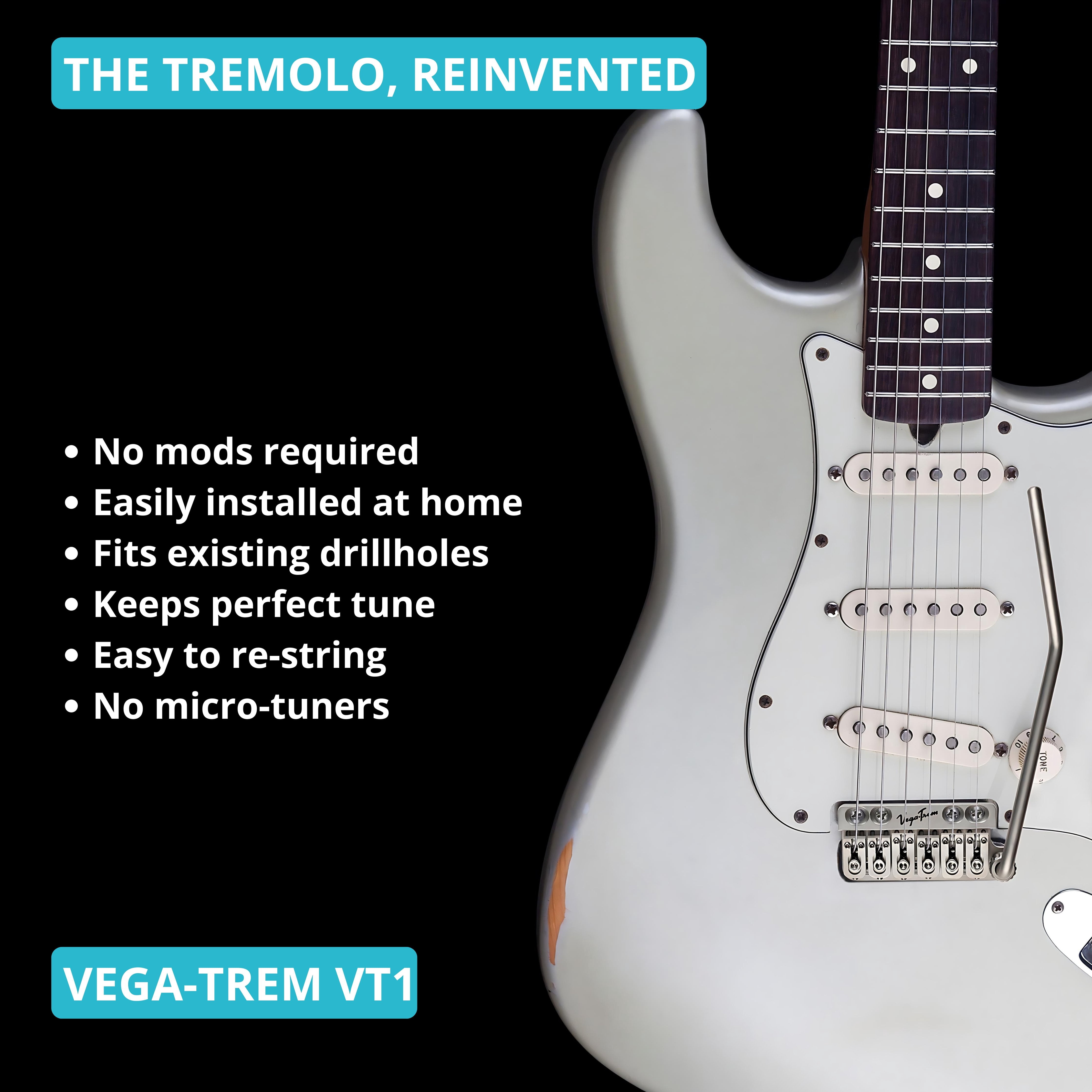 Vega-Trem VT1 Ultra-Trem Standard 6-Screw Stratocaster Guitar Tremolo Bridge For Strat No Mods Easy Installation Satin, Right