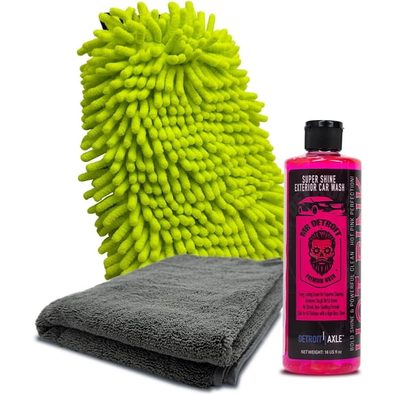 Mr. Detroit - 3pc Car Wash Kit Car Soap Bottle Wash Mitt Microfiber Drying Towel, Streak-Free Exterior Cleaning for Auto Detailing Home Use