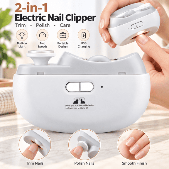 Electric Nail Clipper, 2 in 1 Automatic Nail Trimmer with Polishing&Dual Speed, Rechargeable Nail Grooming Device with Debris Storage, Nail Care Tool for Adults Kids