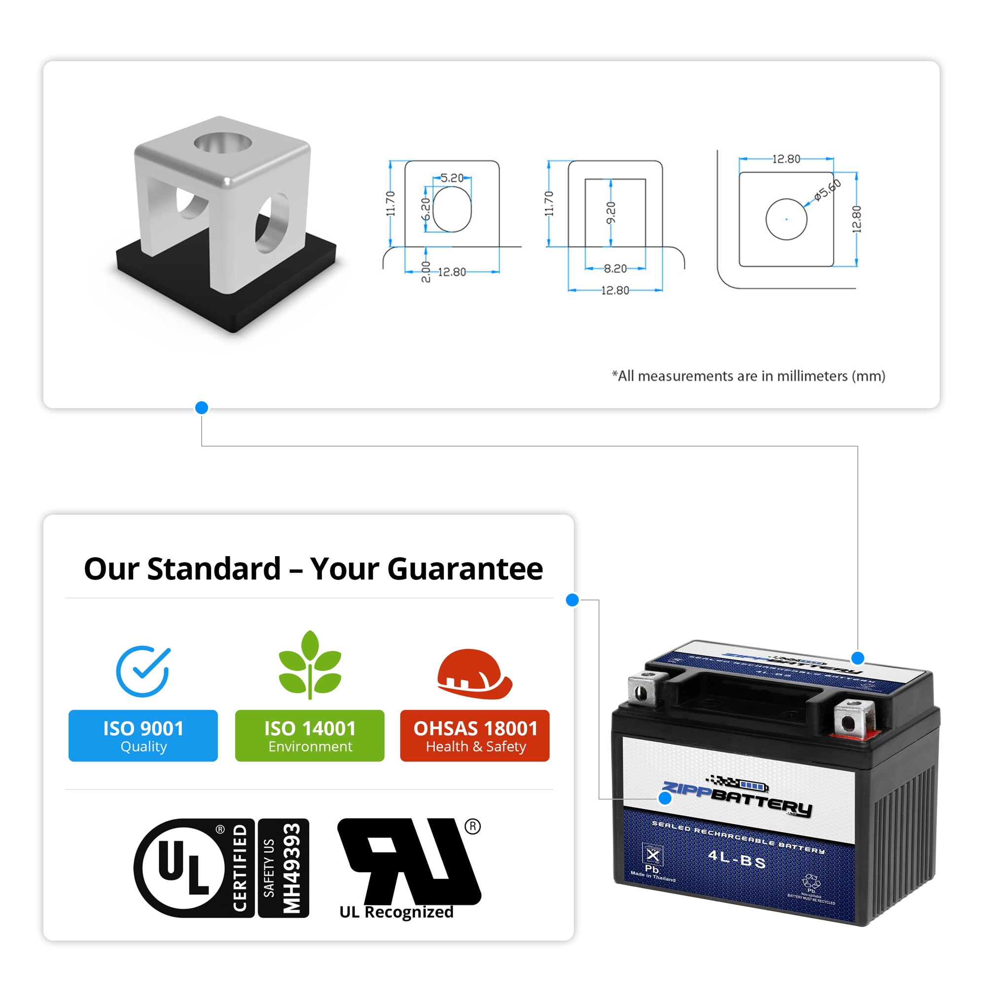 Zipp Battery YTX4L-BS (4L-BS 12 Volt,3 Ah, 50 CCA) Sealed AGM 12V (12 Volt) 50cca  Battery