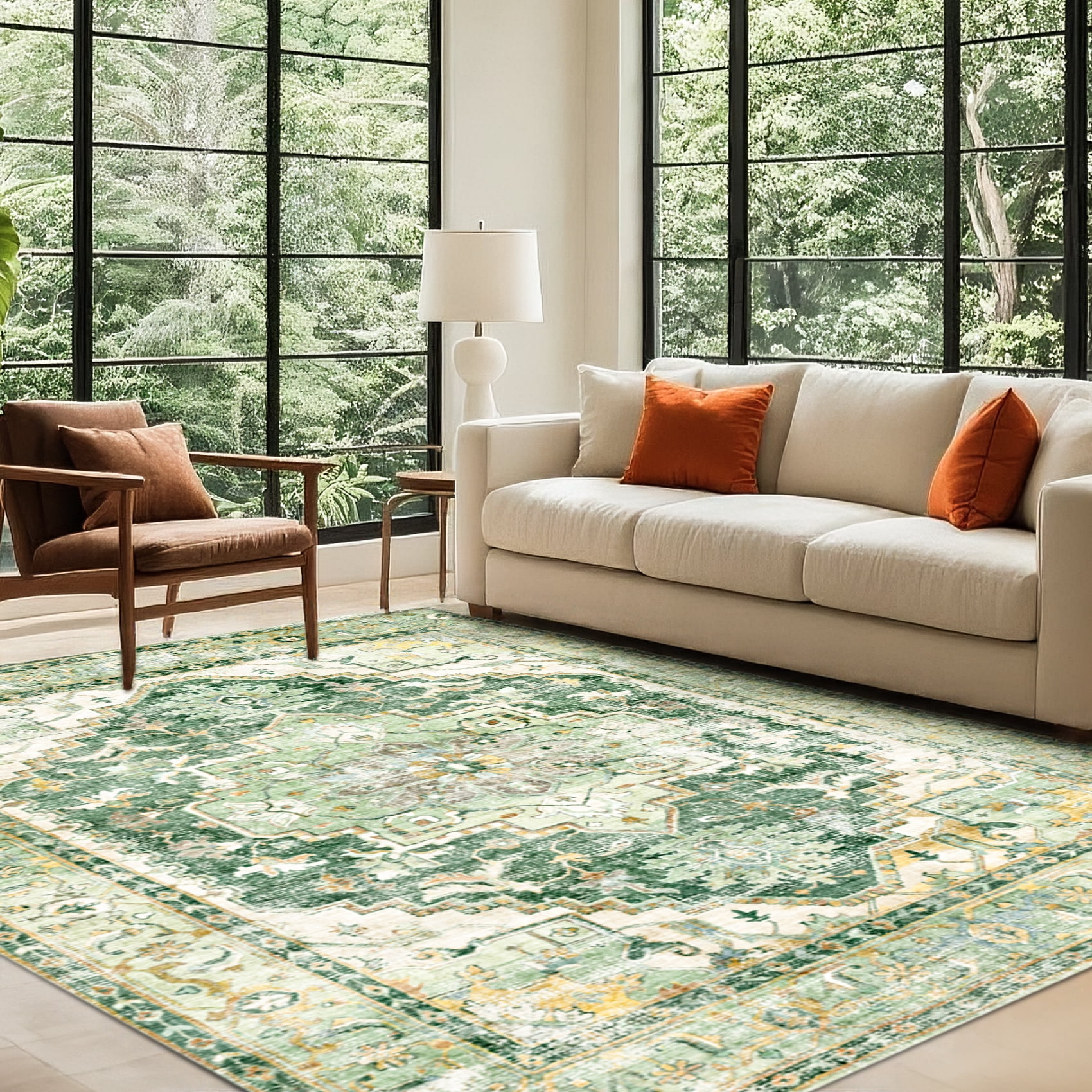Rugs for Living Room 5x7, Non Slip Machine Washable Indoor Large Rug, Low Pile Chenille Print Mat for Bedroom Dining Room Home Office Kitchen, green