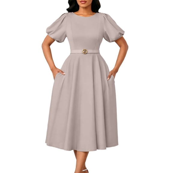 Ruimatai Women's Round Neck Puff Sleeve Belted A-Line Midi Dresses for Women Formal Party & Office Wear