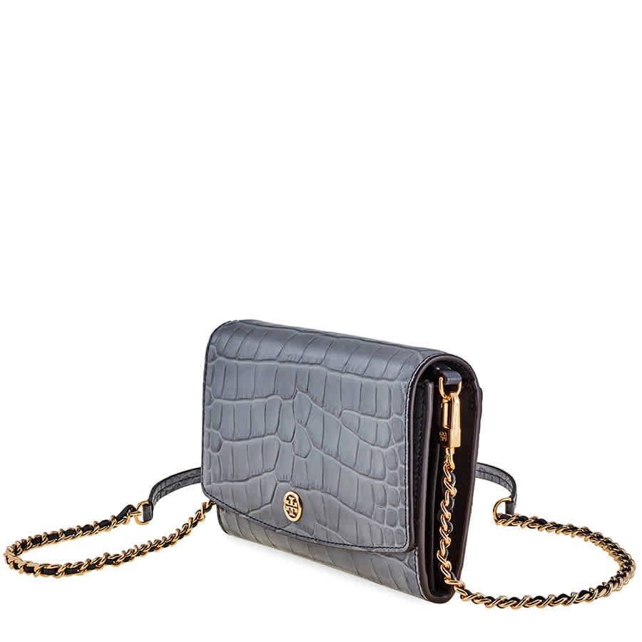 Tory Burch Robinson Embossed Chain Wallet- Zinc