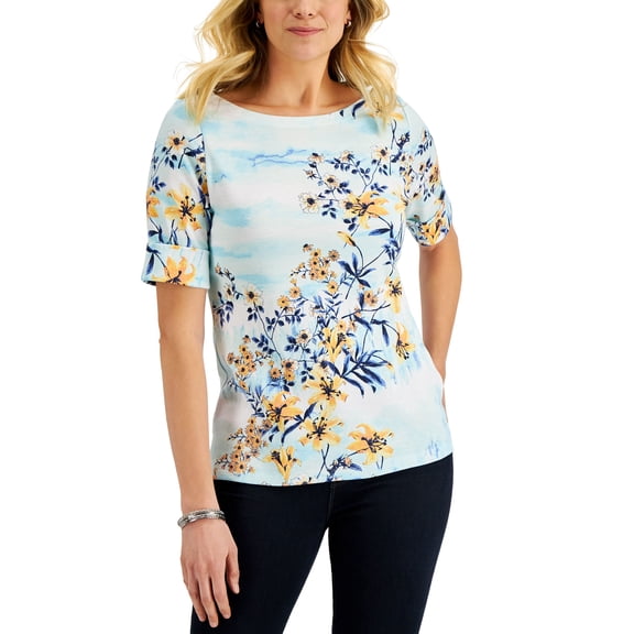 Karen Scott Petite Ocean Breeze Elbow Sleeve Top Aqua Oasis PS