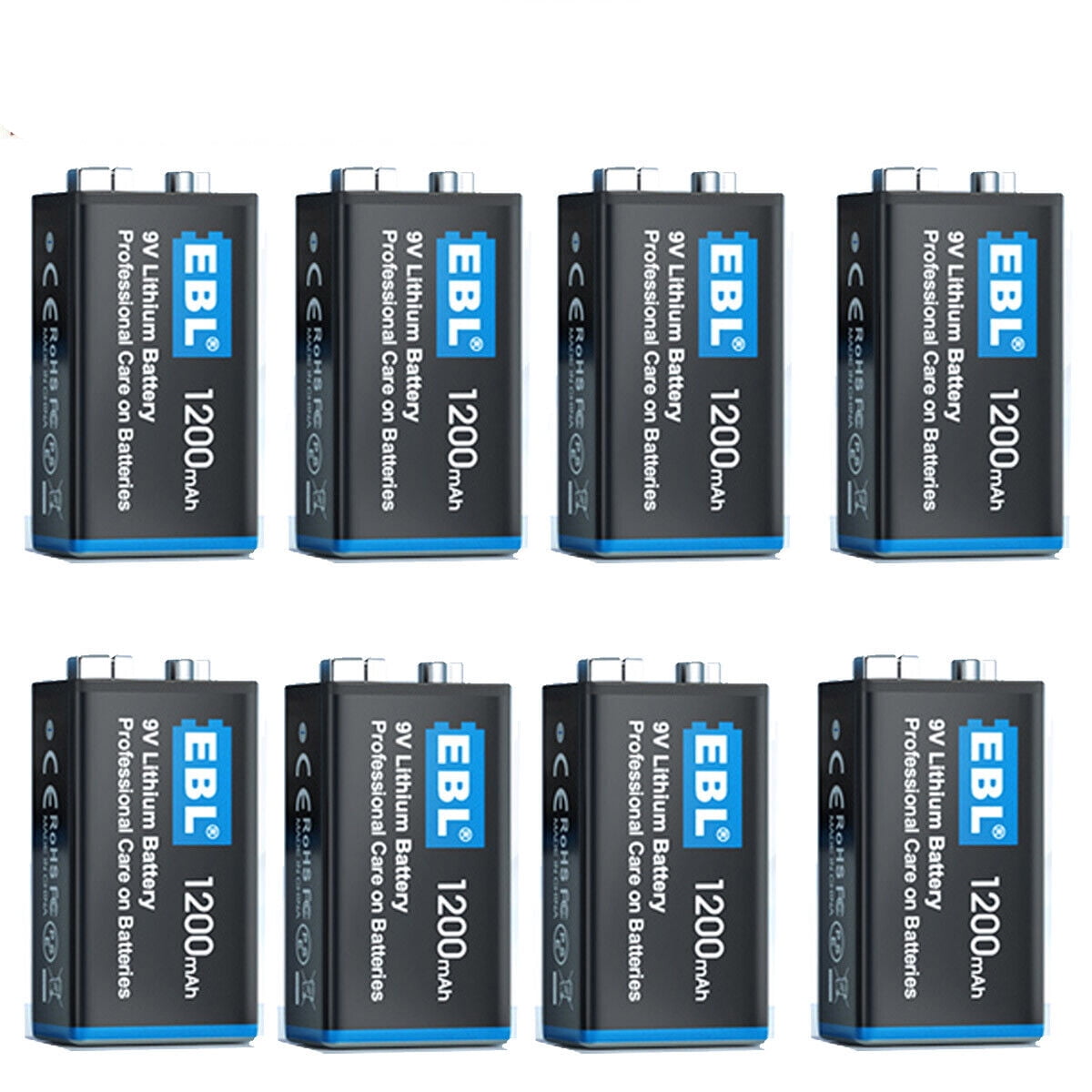 EBL 8Pack 1200mAh 9V LiIon Batteries, NonRechargeable Batteries 9