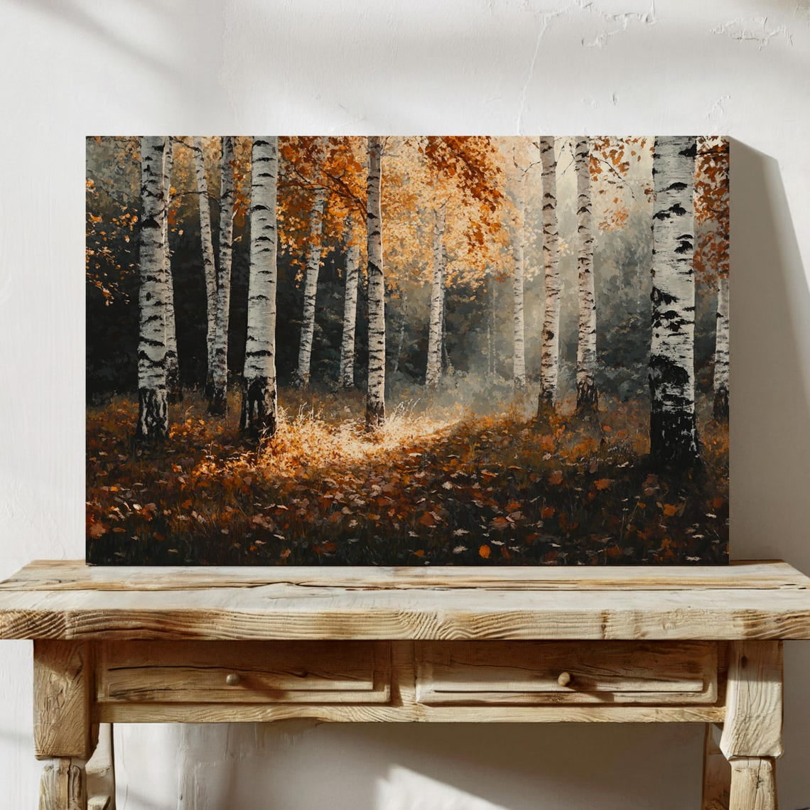 Birch Tree Autumn Forest Wall Art – Misty Morning Fall Landscape Print With Warm Tones – Woodland Nature Scene For Rustic Decor Wall Art Modern Wall Decor 16x24 UNFRAMED