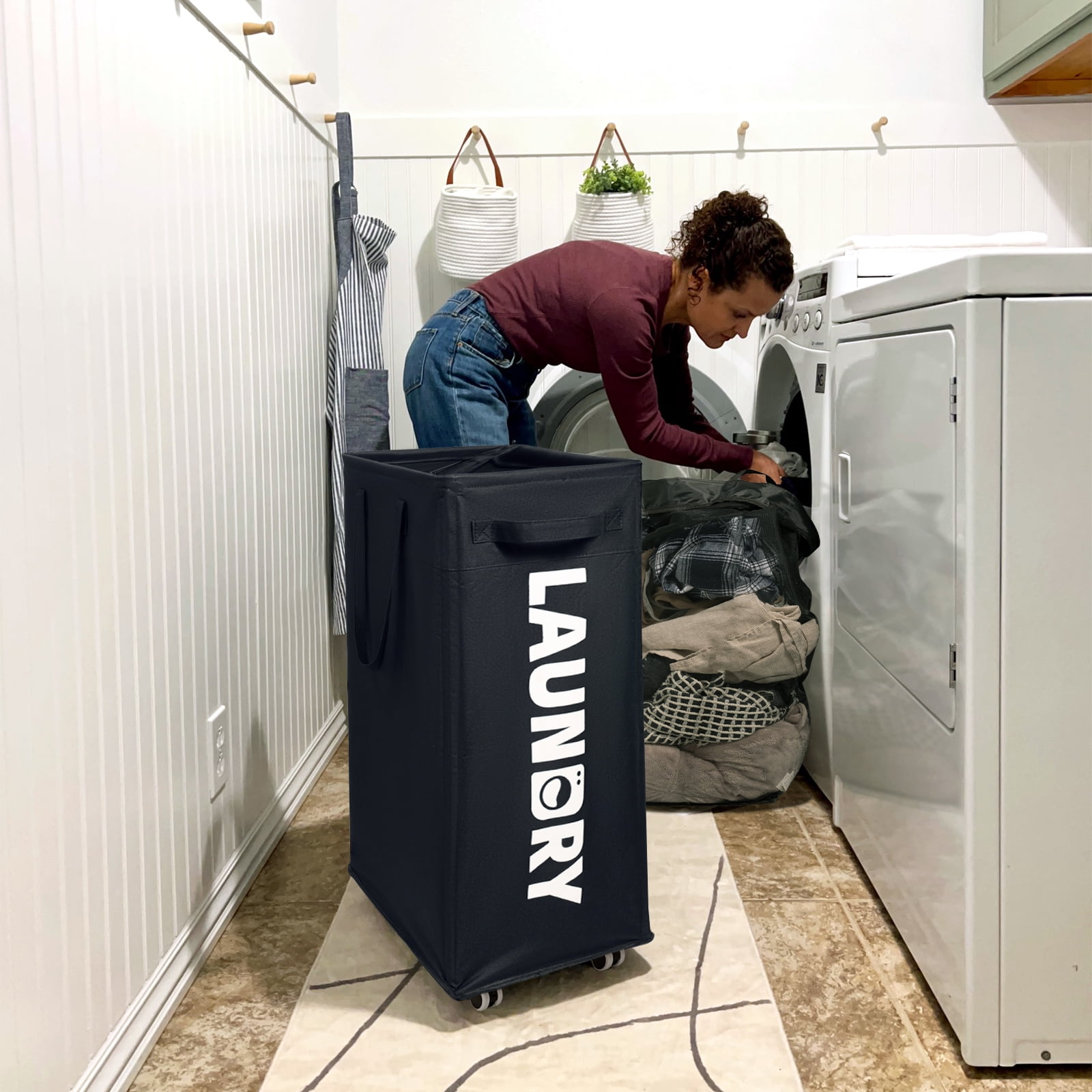 HiChen Laundry Hamper with Wheels, 75L Collapsible Rolling Laundry Basket with Removable Wash Bag, Foldable Clothes Organizer, Black