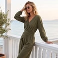 thumbnail image 6 of Women 2 Piece Set, Boho Wrap V‑Neck Long Sleeve Top Pleated Wide Leg Pant Matching Outfit for Travel, 6 of 6