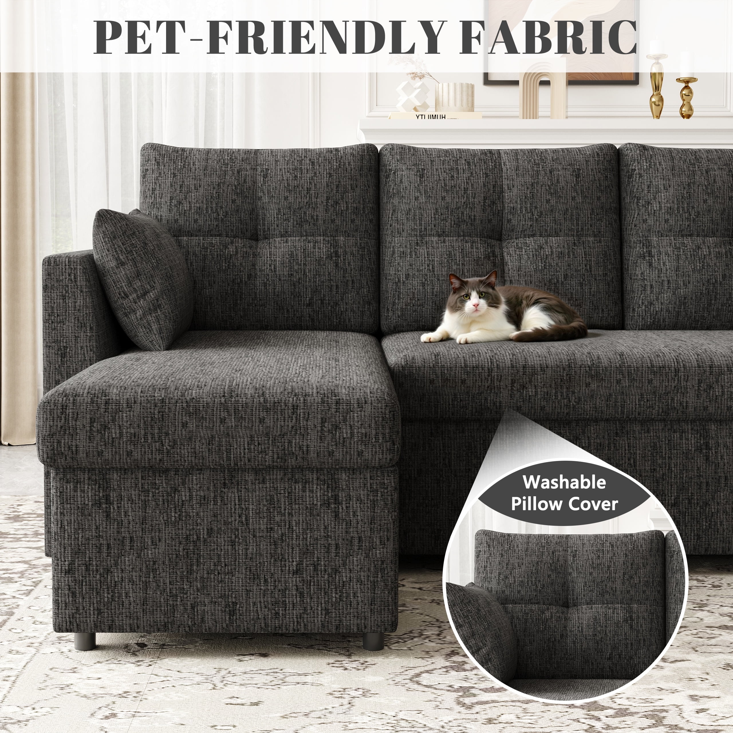 Mangodan 110 inch Sectional Oversized Sleeper Sofa with Side Pocket , Pullout Couch Bed with Double Storage Chaise, Black
