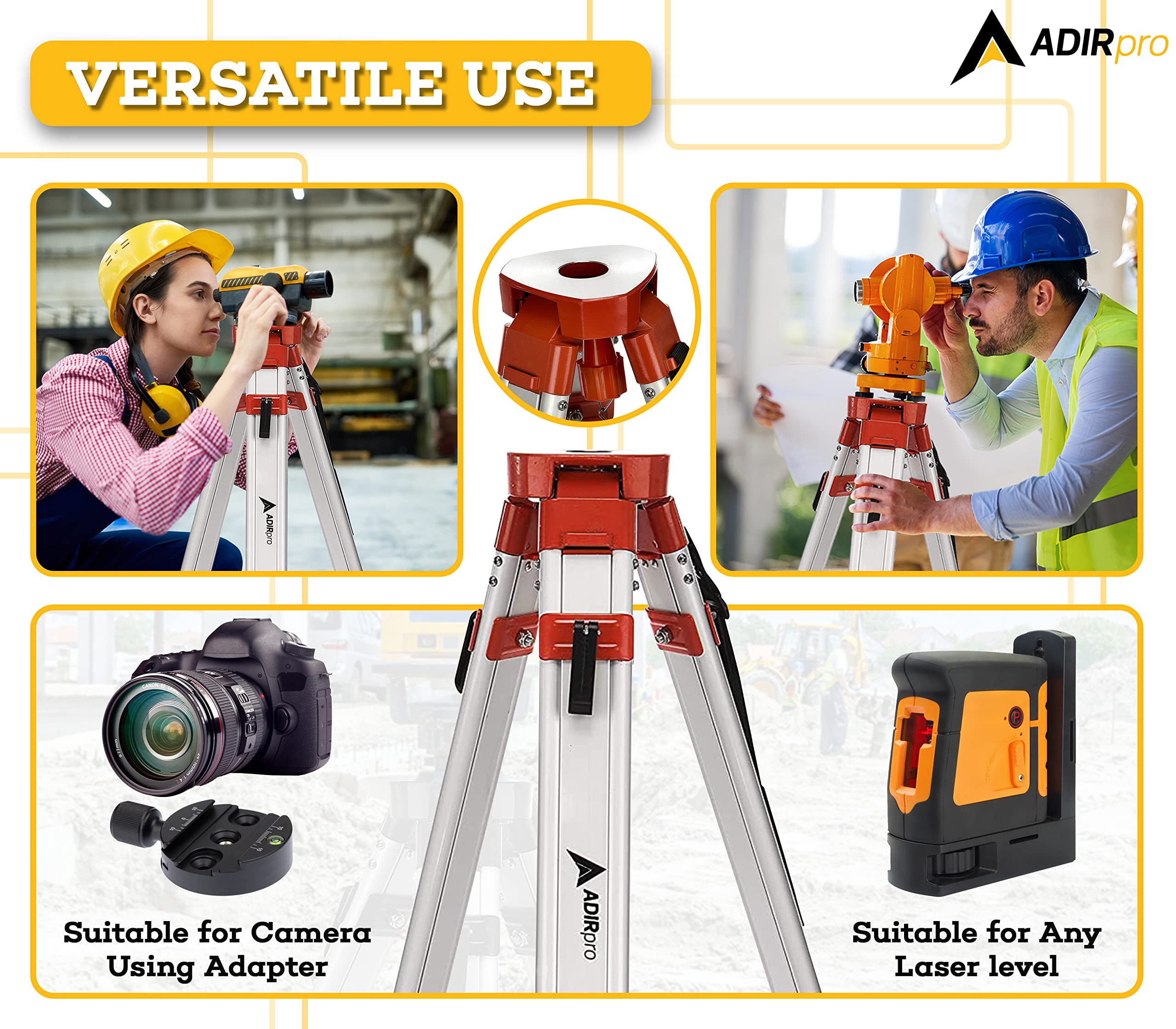 AdirPro Universal Survey Tripod – Laser Level Tripod – Transit Level Tripod - Quick Clamp - Heavy Duty Contractor Tripod 5/8” x 11” Thread (Orange Aluminum)