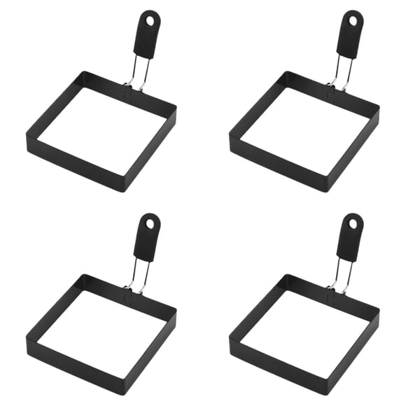 XIPYYKM 4 Pack 4 Inch Square Egg Ring Set, Stainless Steel Griddle Pancake Shapers, Fried Egg Molds with Black Plastic Handle for Cooking, Breakfast, Omelette and Sandwich