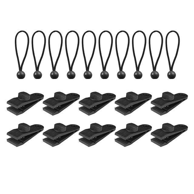 10/12 piezas de clips para lona resistentes y resistentes al viento, abrazaderas para toldo, pinzas para tienda de campaña, para acampar 10 Clip + Bungee negro